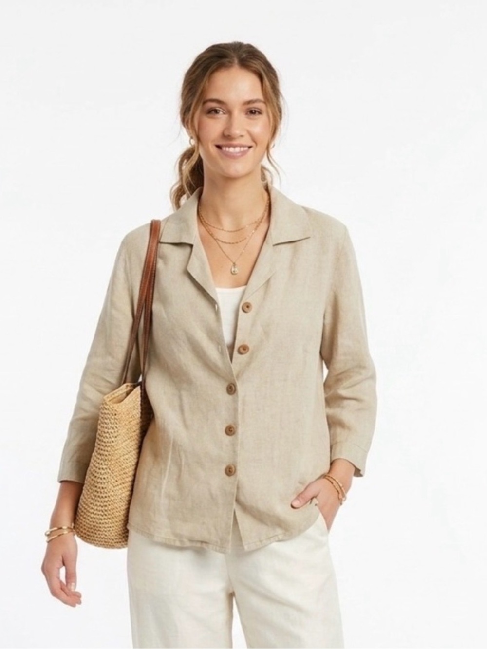 FLAX Jeanne Engelhart Vintage 100% Linen Tan Button Down Shirt Blazer Small